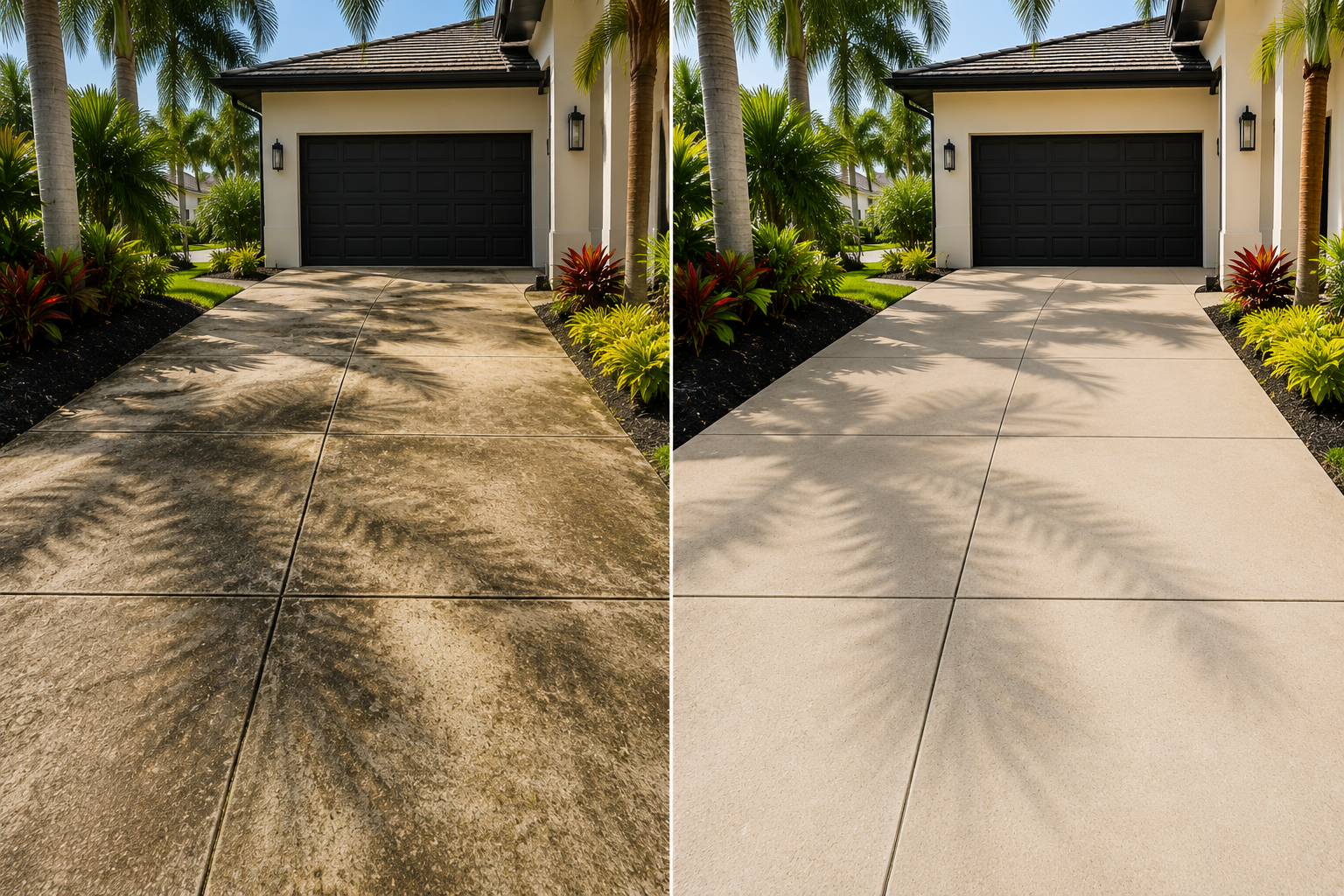 Pressure washing driveway before and after in Sarasota